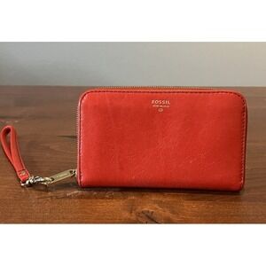 EUC Fossil Sydney Red Pink Leather Zip Clutch Zip Around Wallet Medium 6.5" X 4"